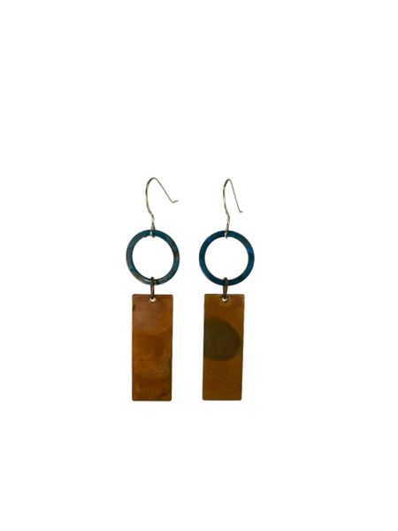 Earring Flame Oxidized Long Rectangle with Blue Copper Washer