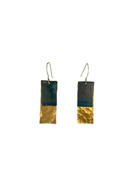 Earring Long Hammered Brass and Small Blue Copper Rectangle