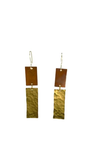 Earring Long Hammered Brass Rectangle and Smaller Flame Oxidized
