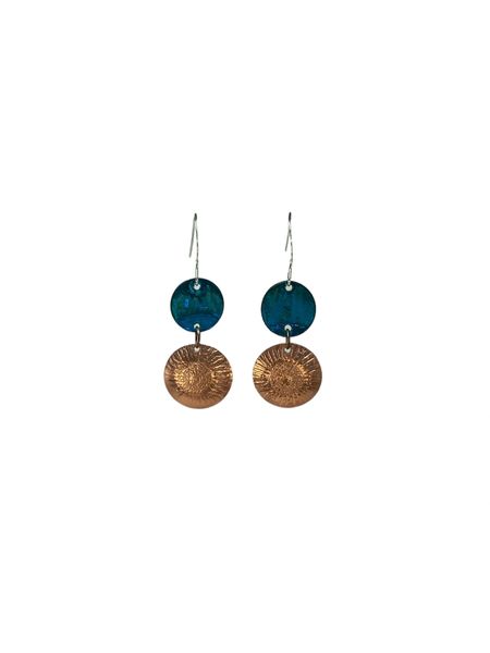 Sunflower Earring 3 in Copper with Blue Patina Disc