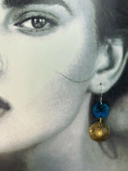Sunflower Earring 3 in Brass with Blue Patina Disc