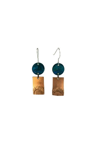 Sunflower Earring 6 in Copper with Blue Patina Disc