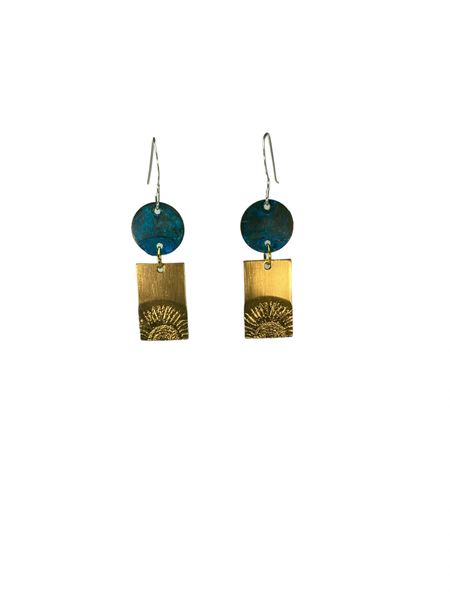 Sunflower Earring 6 in Brass with Blue Patina Disc