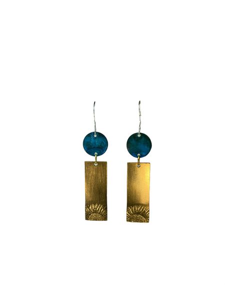 Sunflower Earring 7 in Brass with Blue Patina Disc