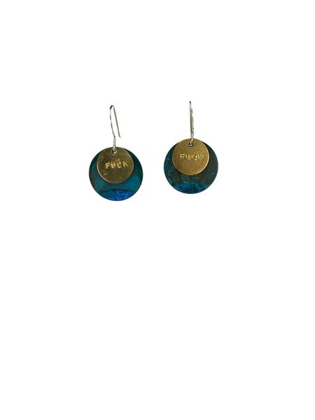 FUCK Earring 5 in Blue Patina with Brass Disc
