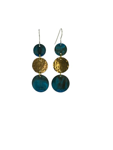 Earring with Blue Patina Discs and Hand Hammered Brass Disc