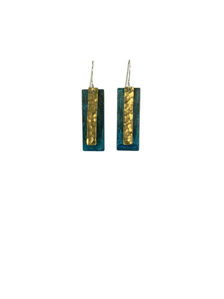 Earring with Blue Patina Rectangle and Overlaying Hand Hammered Brass