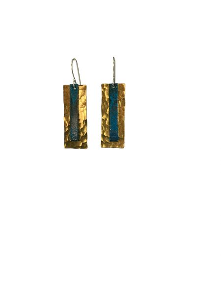 Earring Hand Hammered Brass Rectangle with Overlaying Blue