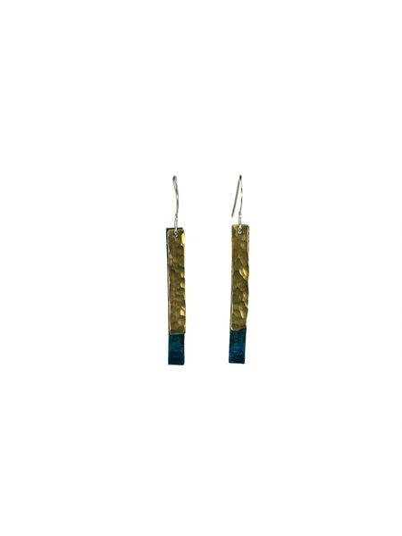 Earring Long Narrow Blue Patina with Hammered Brass