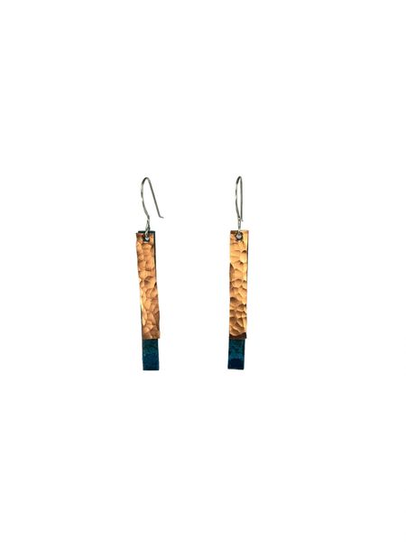 Earring Long Narrow Blue Patina with Hammered Copper