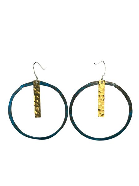 Earring Blue 14g Hoop with Hammered Brass