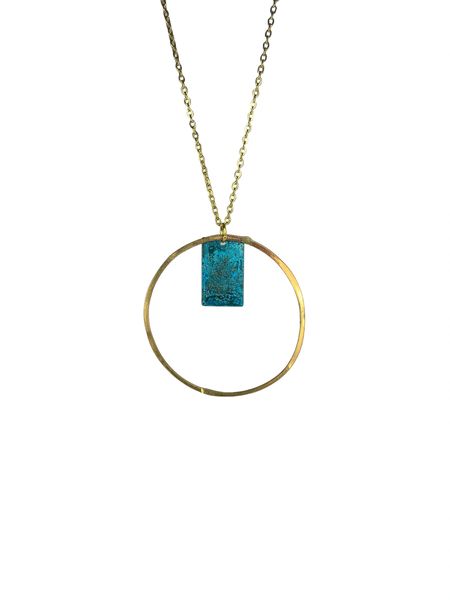 Pendant with Hammered Brass Hoop and Blue Patina Rectangle