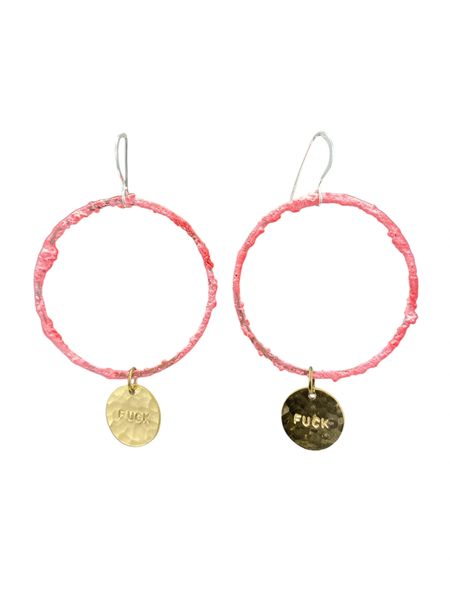 Fuck Earring with Fuzzy Pink Hoop and Hammered Brass Disc