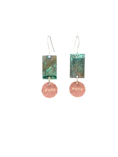 Fuck Earring Hammered Copper Disc and Blue Patina Rectangle