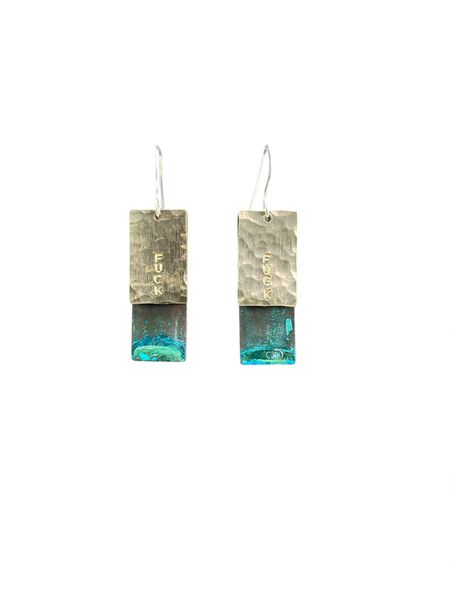 Fuck Earring Hammered Brass Rectangle and Blue Patina Rectangle