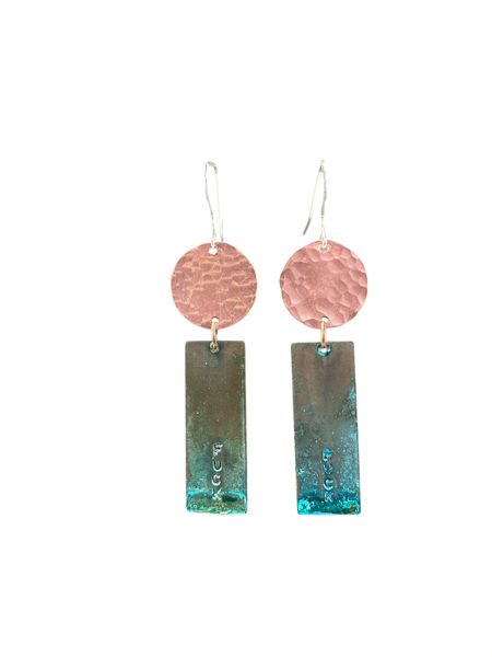 Fuck Earring Hammered Copper Disc and Long Blue Patina Rectangle