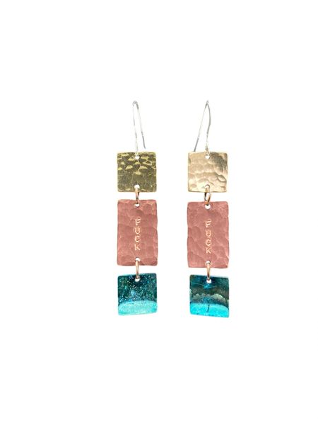 Fuck Earring Square Blue w Hammer Copper Rect w Sq Ham Brass