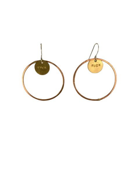 Fuck Earring Small Copper Hoop and Brass Disc