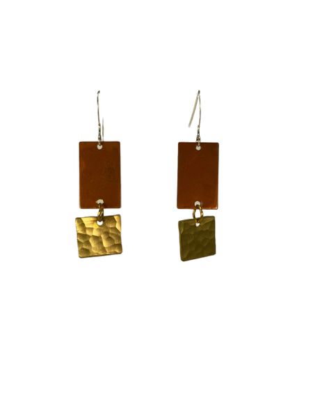 Earring with Hammered Brass Square and Flamed Small Rectangle