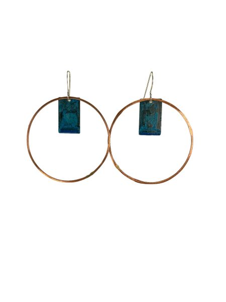 Earring 1.5 Copper Hoop with Small Blue Rectangle