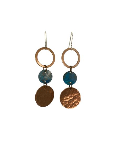 Earring Hammered Copper Disc Blue Disc and Copper Ring