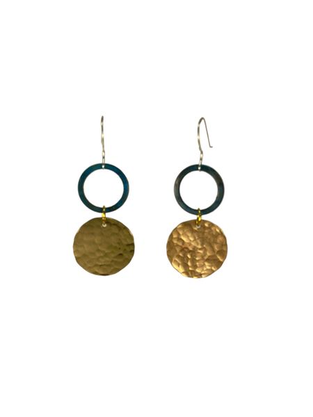 Earring Hammered 3/4 Brass Disc and 5/8 Blue Ring