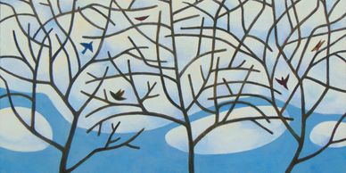 Painting by Karen Burns featuring bare trees, birds and sky