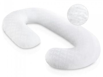 A large C-shaped pillow wraps around the body, made for pregnancy or side sleepers.