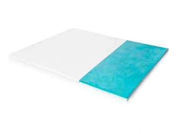 A mattress topper with cut away of the cover to reveal the construction, including foam & gel top.