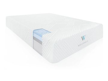 A single, white foam mattress featuring a cut away of the cover to reveal varying layers inside. 