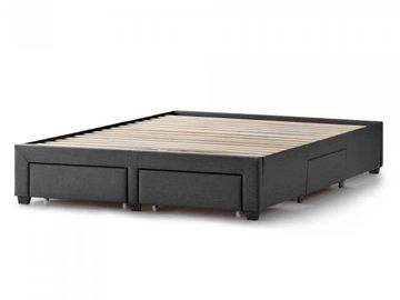 A single platform bed in a charcoal gray color with two drawers built-in to the foot of the bed.