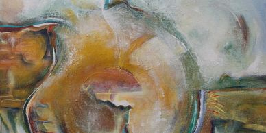 Abstract oil painting with swirling earth tones, gold, and white highlights.