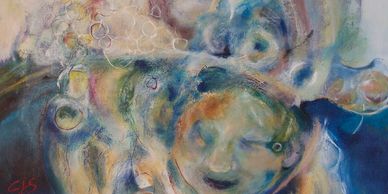 Abstract pastel painting with blue and green tones, featuring a smiling face and swirling patterns.