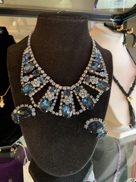 Sapphire Blue and Clear Rhinestone Necklace/Clip Earrings