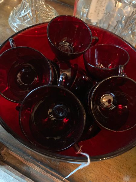 Vintage Ruby Red Glass Punch Bowl Set With 10 Handled Cups Anchor Hocking