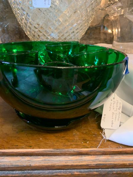 Anchor Hocking Forest Green Punch Bowl and Cups