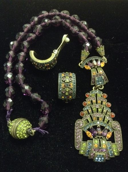 SOLD--Heidi Daus Purple Crystal Necklace with Multi-color Stones Pendant and Clip on Earrings