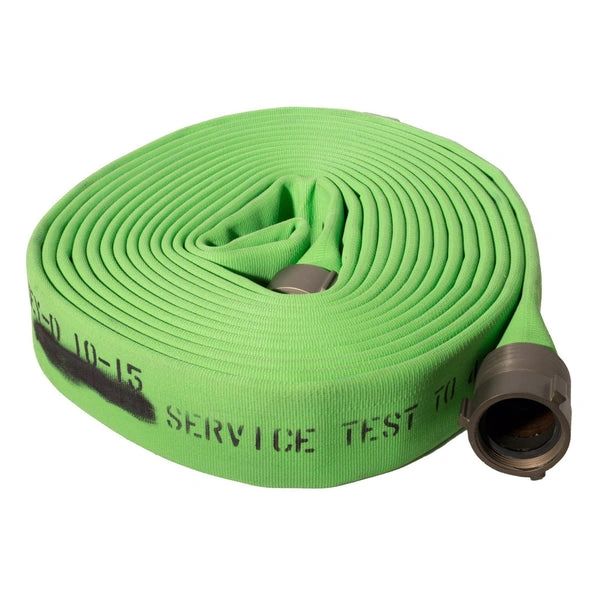 5ELEM FIRE HOSE GREEN 2.5x50 Double Jacket, UL Listed 400 PSI C/W ALUMINUM ALLOY COUPLINGS NH THREADS