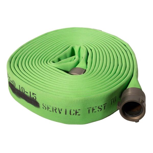 5ELEM FIRE HOSE GREEN 1.5x50 Double Jacket, UL Listed 400 PSI C/W ALUMINUM ALLOY COUPLINGS NH THREADS