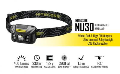 Nitecore NU30 400 Lumen White and Red LED Rechargeable Headlamp with Reinforced Bracket, USB Cable and Lumen Tactical Power Adapter