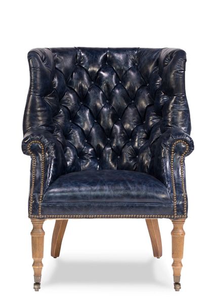 Blue Wingback Armchair w/ Tufted Leather
