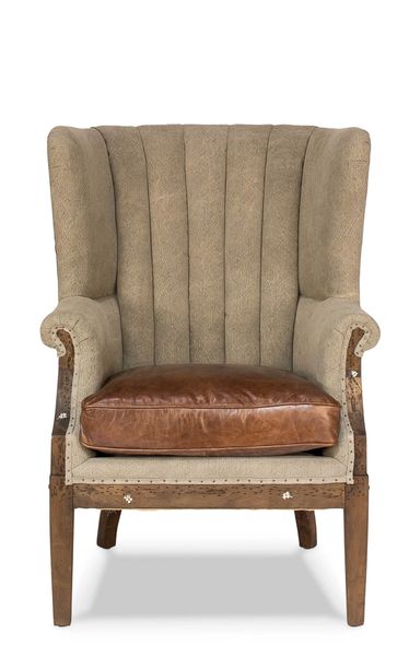 Modern Wingback Armchair in Linen & Leather