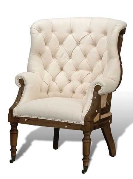 Tufted Linen Armchair Wingback w/ Burlap Back