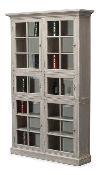 Pine Bookcase Glass Doors In Antique Gray Bravo Interiors