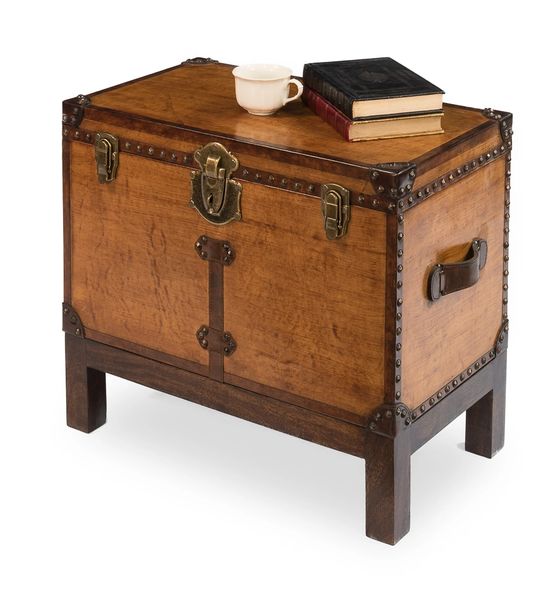 Wood Leather Chest Table on Stand Paper Brass Tacks Tan Leather W/ Hand-stained Finish