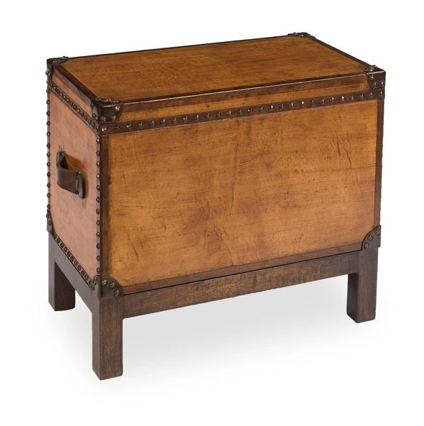 Chest Table Wood Leather on Stand Brass Tacks Martelle International