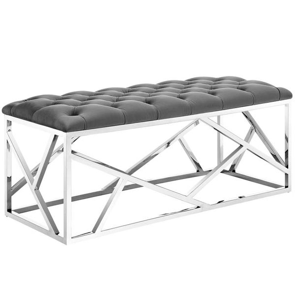 Silver Gray Tufted Bench Stainless Steel Frame Free Ship