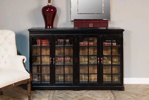 Solid Walnut Antique Black Bookcase Glass Doors Antique Brass