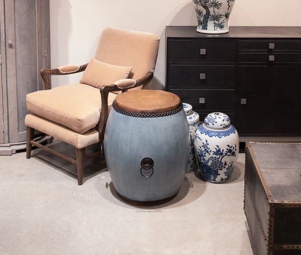 Blue Storm Drum Side Table Wood and Leather