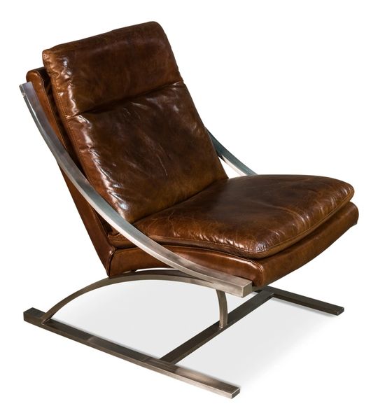 Vintage Cigar Leather Chair Mid-Century Modern Brushed Steel